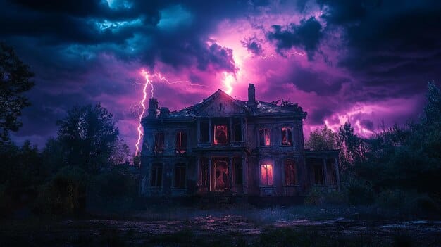 A spooky animated mansion is shown on a hilltop under a stormy night sky. Lightning flashes illuminate the mansion, revealing quirky and mysterious details like crooked chimneys and glowing windows.