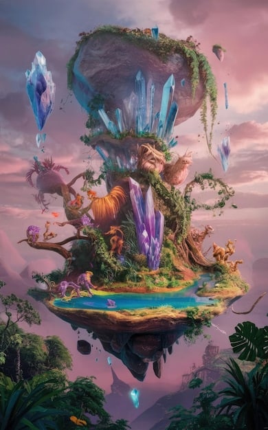 A concept art piece showcasing a vibrant and imaginative world from an upcoming original animated movie in 2025, featuring unique creatures, landscapes, and a sense of wonder.
