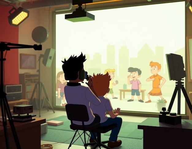 A behind-the-scenes shot of animators working on a complex scene for an animated movie, showcasing the intricate details and collaborative effort involved in bringing these films to life.