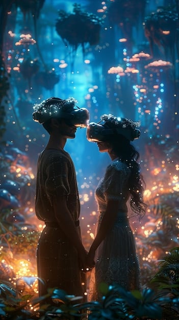 A futuristic scene depicting two avatars on a romantic date in a vibrant, digital metaverse environment, with floating hearts and virtual scenery.