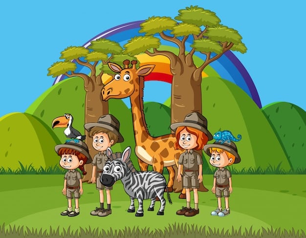 A group of diverse animal characters from an animated kids' show are shown in a colorful jungle setting. They are working together to solve a problem, showcasing teamwork and problem-solving skills.
