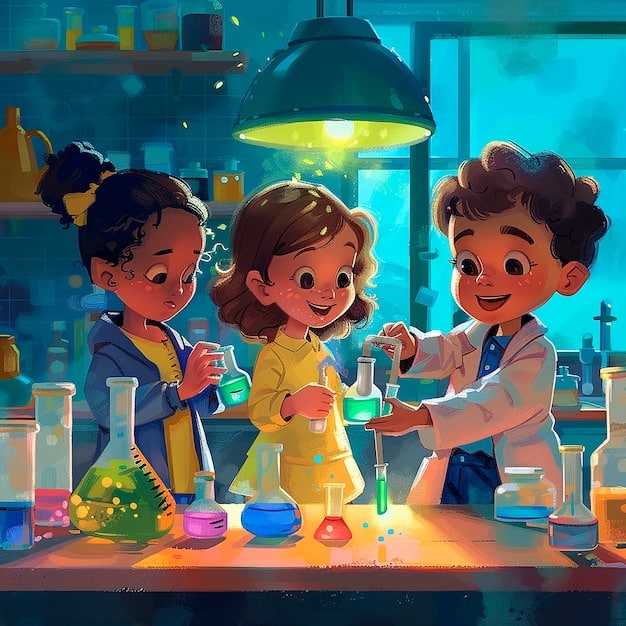 Animated children are sitting around a table in a science lab, conducting experiments with beakers and test tubes under the guidance of a friendly animated scientist. The scene is vibrant and colorful, emphasizing the fun aspects of learning science.