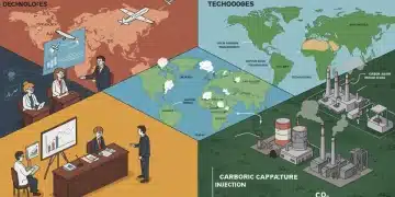 Policymakers discussing geoengineering solutions for climate change in 2025, with visuals of atmospheric and carbon capture technologies.
