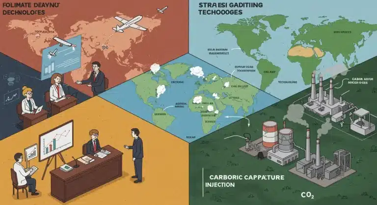 Policymakers discussing geoengineering solutions for climate change in 2025, with visuals of atmospheric and carbon capture technologies.
