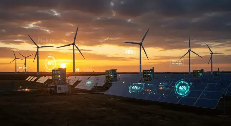 Advanced battery storage facility with solar panels and wind turbines