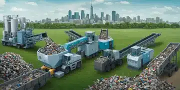 Advanced recycling facility with robotic arms sorting materials and chemical processing towers