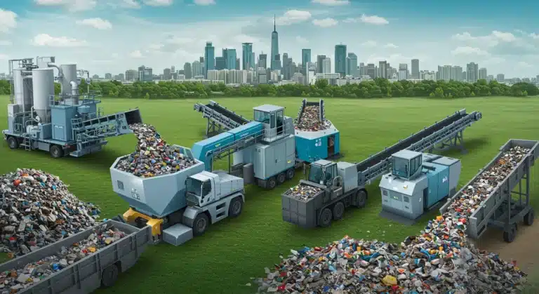 Advanced recycling facility with robotic arms sorting materials and chemical processing towers