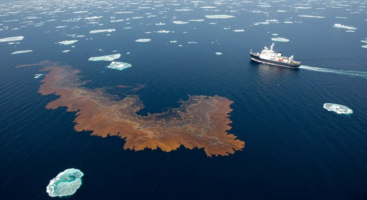 Aerial view of oil spill in Arctic waters, highlighting environmental risk.