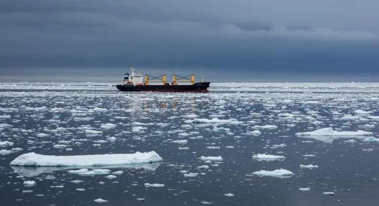 Cargo ship navigating through melting Arctic ice, symbolizing increased shipping and environmental challenges.