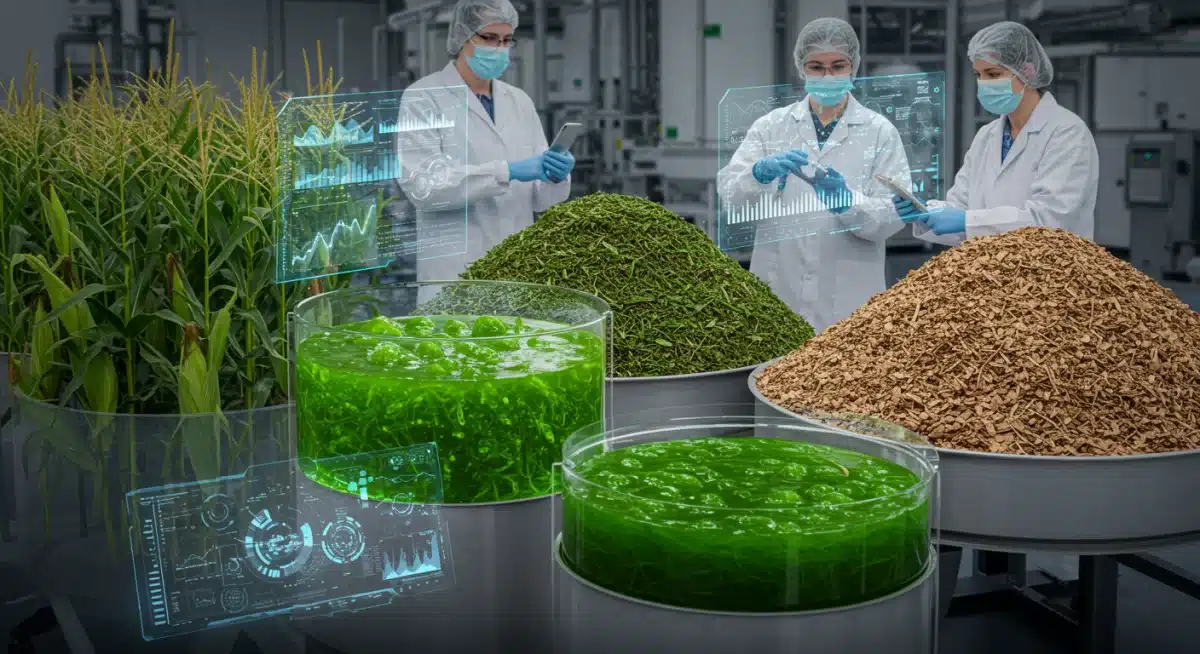 Biofuel production facility processing diverse biomass materials for green energy