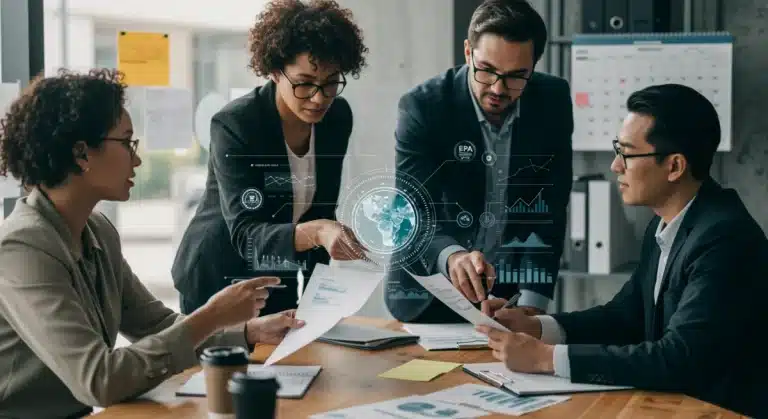 Business team planning for 2025 EPA environmental regulations compliance