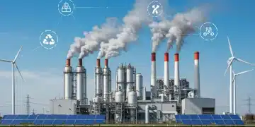 Industrial facility with clean emissions and renewable energy sources, symbolizing environmental compliance.