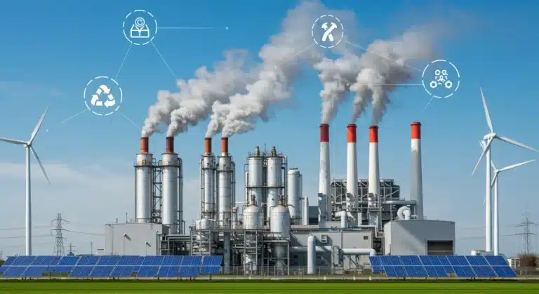 Industrial facility with clean emissions and renewable energy sources, symbolizing environmental compliance.