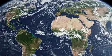 Satellite view of Earth showing extreme weather and military bases, symbolizing climate change's threat to national security.