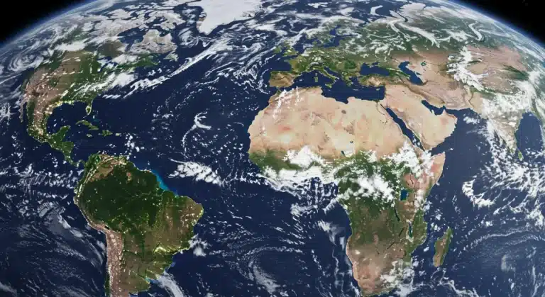 Satellite view of Earth showing extreme weather and military bases, symbolizing climate change's threat to national security.