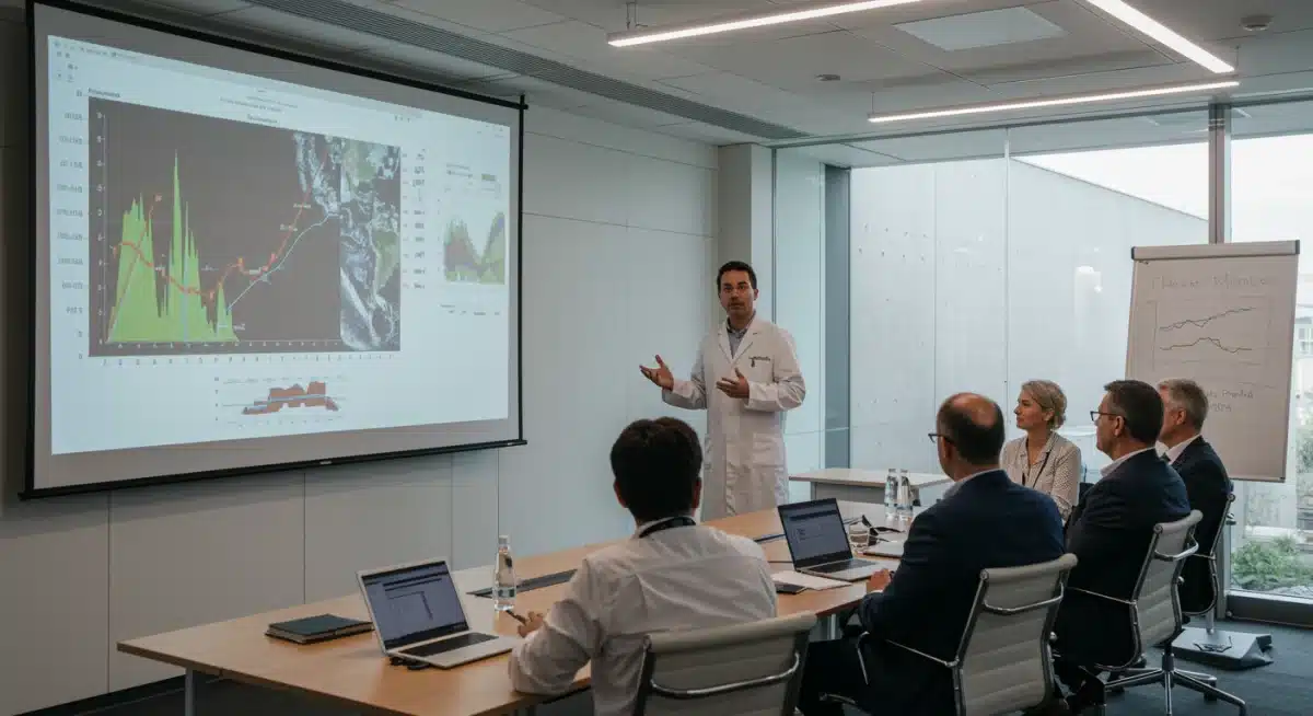 Climate scientist presenting data to policymakers for mitigation strategies