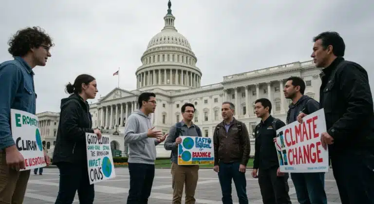 Advocates discussing climate policy outside the US Capitol, Washington D.C.