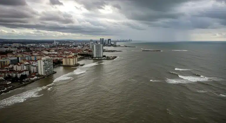 Coastal city partially submerged by rising sea levels, illustrating the impact of climate change on urban areas.