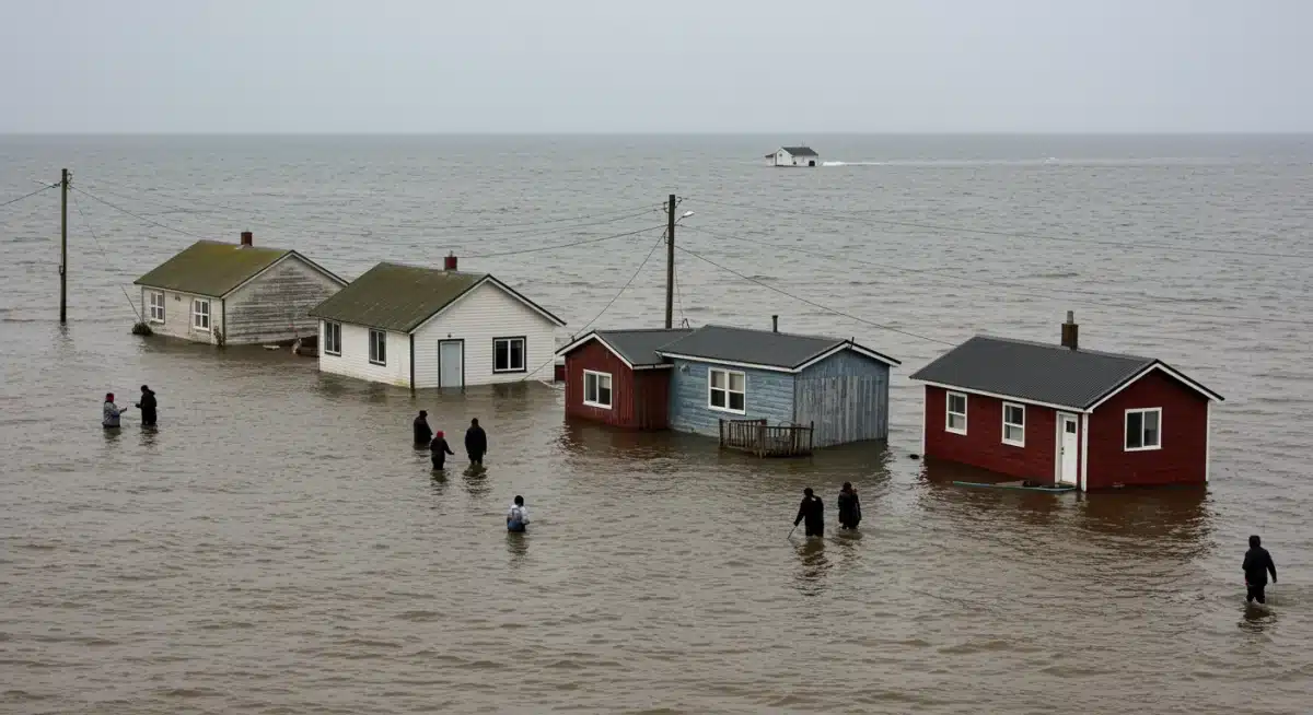 Coastal community experiencing rising sea levels and flooding due to ice melt