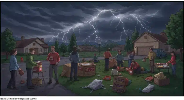 Community members actively engaged in a disaster preparedness drill against a backdrop of impending storm clouds, emphasizing readiness for 2025 severe weather.