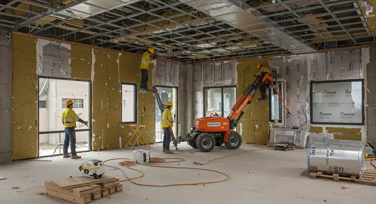 Construction workers installing advanced insulation for energy-efficient buildings