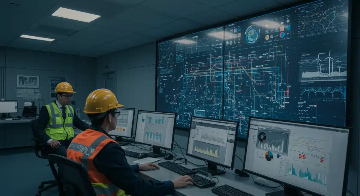 Engineers monitoring real-time smart grid data in a control room.