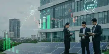 Corporate professionals analyzing carbon credit data against a sustainable city backdrop.