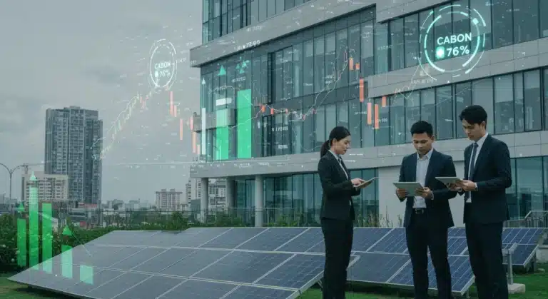 Corporate professionals analyzing carbon credit data against a sustainable city backdrop.
