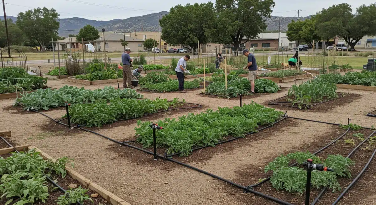 Community garden with drought-resistant plants and drip irrigation