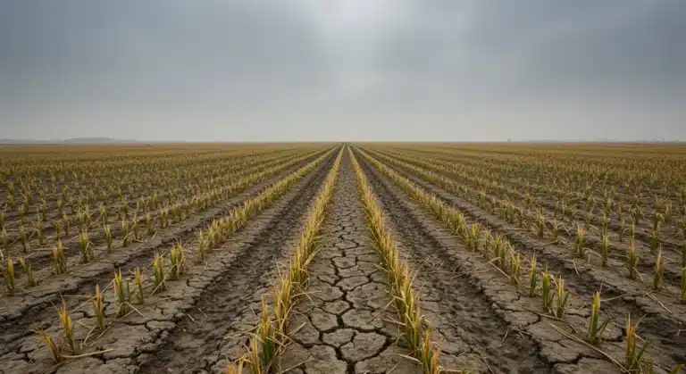 Drought-stricken US farm field showing severe crop damage from climate change