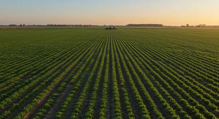 Early morning agricultural fields with young crops, symbolizing proactive farming in a changing spring.