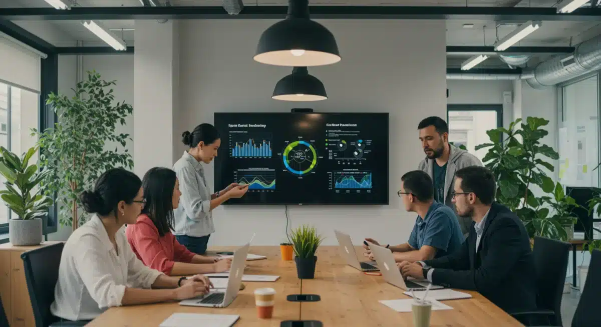 Professionals collaborating on carbon emissions reduction strategies in an eco-friendly office.