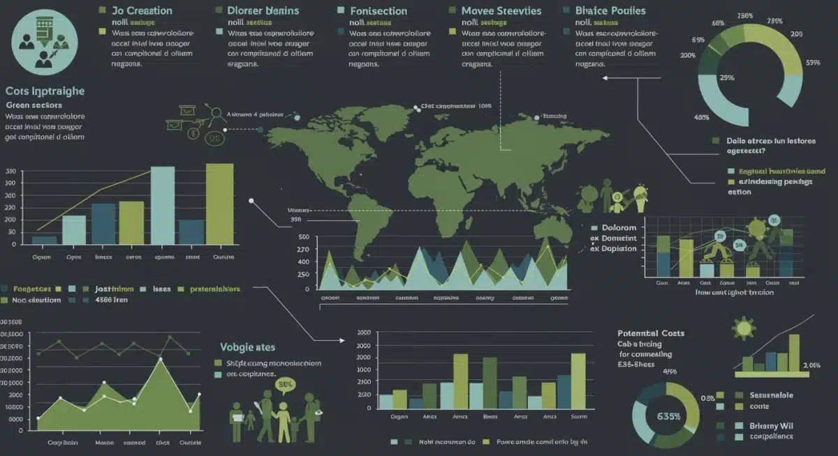 Infographic detailing economic impacts of climate policies: job growth, investment shifts, carbon pricing, and compliance costs.