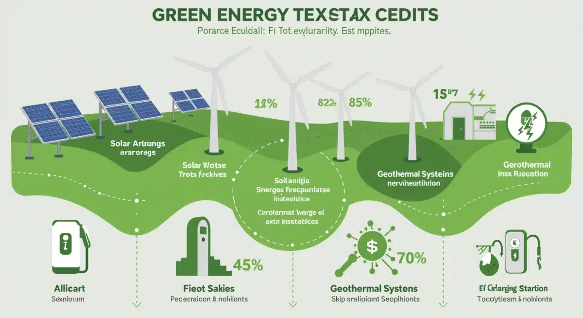 Infographic detailing green energy technologies eligible for tax credits and their respective savings.