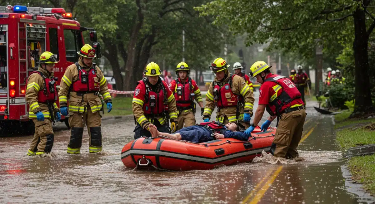 Emergency responders conducting a rescue operation during a simulated severe storm, highlighting effective response and preparedness.