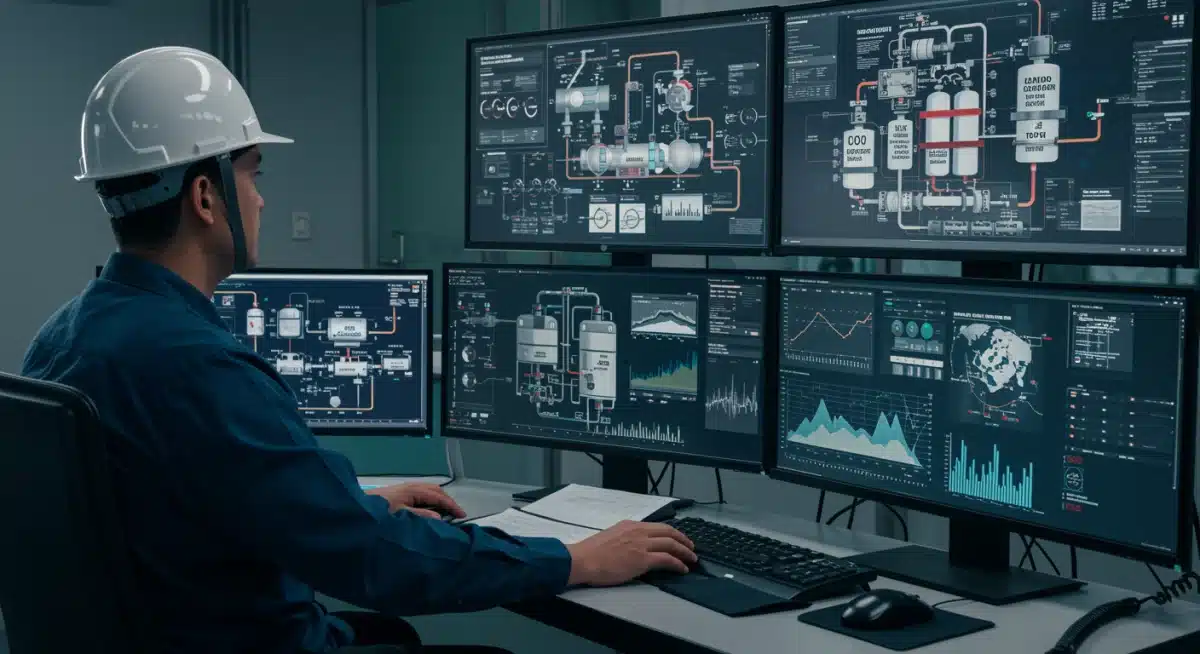Engineers monitoring carbon capture data in a high-tech control room