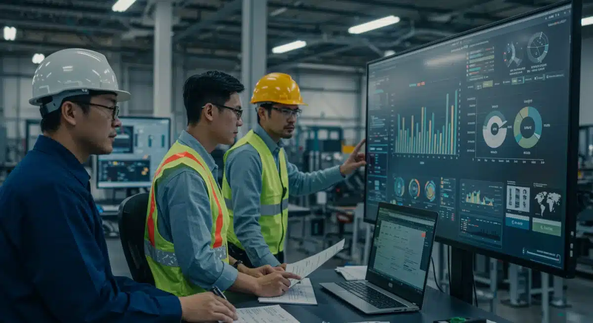 Engineers monitoring green manufacturing data for efficiency and waste reduction