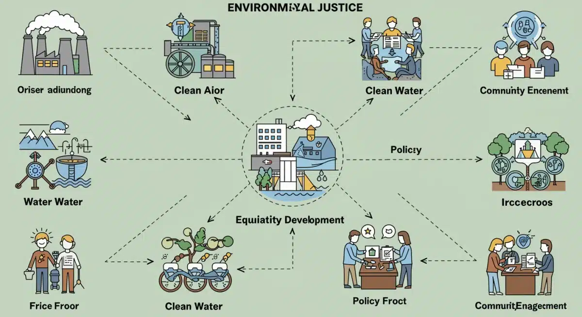 Infographic detailing components of environmental justice policies and their interconnectedness for businesses.