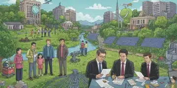 Diverse community and business leaders engaging with environmental justice policies in a green, sustainable urban setting.