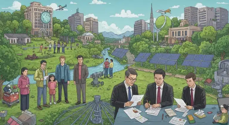 Diverse community and business leaders engaging with environmental justice policies in a green, sustainable urban setting.