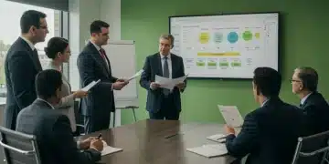 Executives discussing EPA green tech compliance plan in a modern conference room