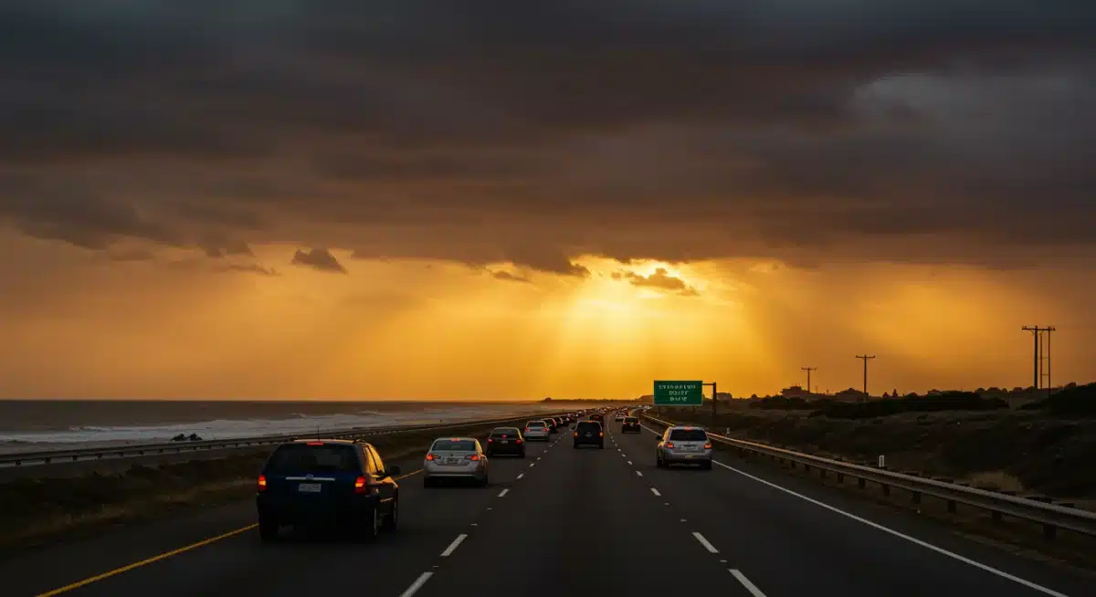 Evacuation route sign with cars fleeing coastal storm
