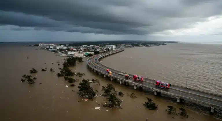 Coastal city experiencing severe flooding from extreme weather, with emergency response in progress.