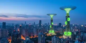 Futuristic city with green tech air purifiers reducing pollution