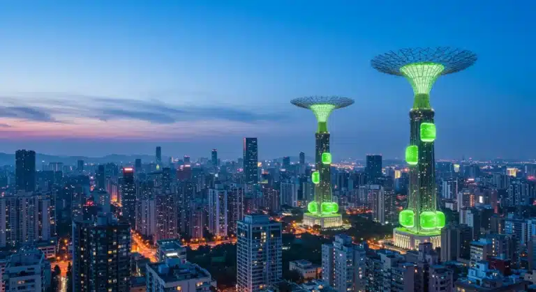 Futuristic city with green tech air purifiers reducing pollution