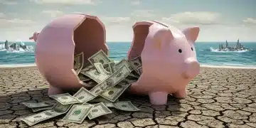 Financial impact of global warming on U.S. economy, showing broken piggy bank and climate disaster