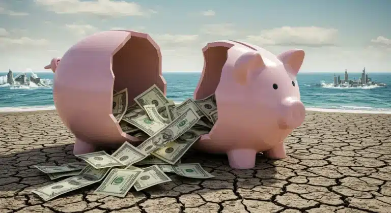 Financial impact of global warming on U.S. economy, showing broken piggy bank and climate disaster