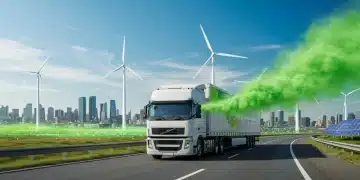 Futuristic semi-truck using green biofuel on a modern highway, clean emissions