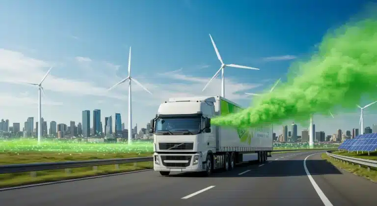 Futuristic semi-truck using green biofuel on a modern highway, clean emissions