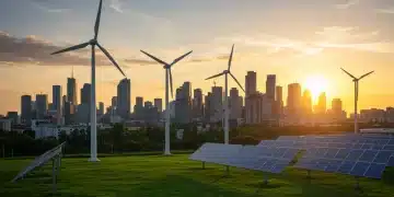 Modern city skyline with renewable energy, symbolizing corporate carbon neutrality efforts.